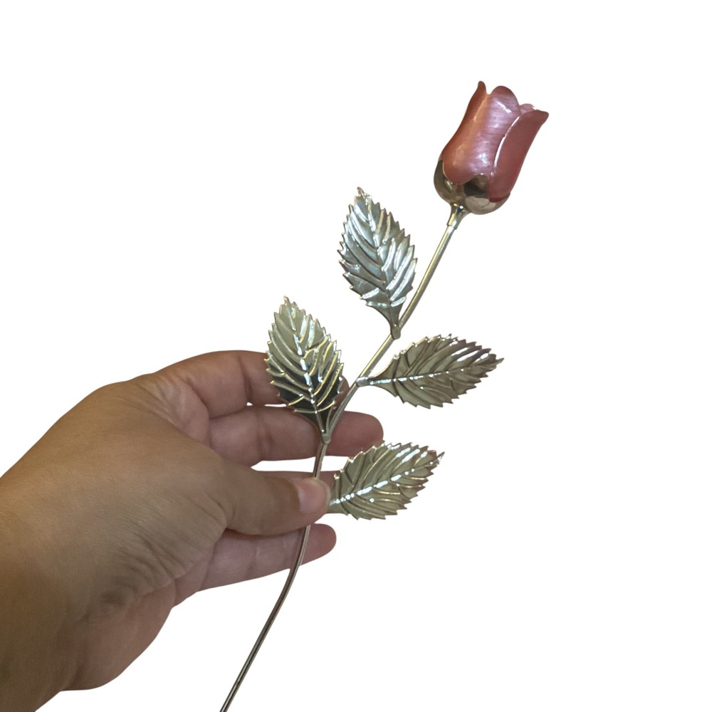Sheridan Silver Plated Non Tarnish Pink Enameled LongStem Rose Decorative Flower - Picture 12 of 12